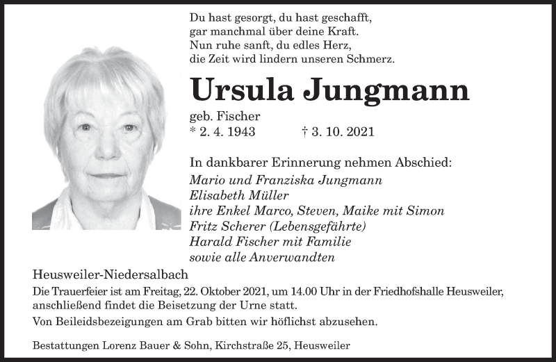  Traueranzeige für Ursula Jungmann vom 16.10.2021 aus saarbruecker_zeitung