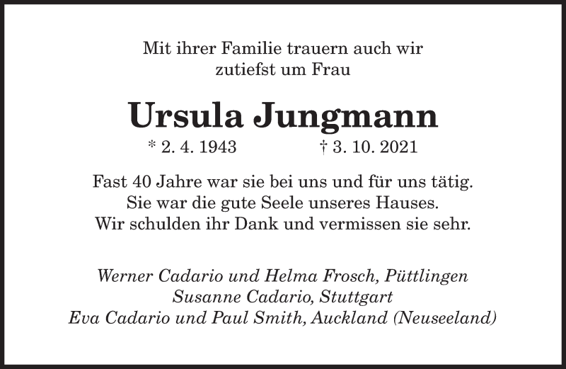  Traueranzeige für Ursula Jungmann vom 16.10.2021 aus saarbruecker_zeitung