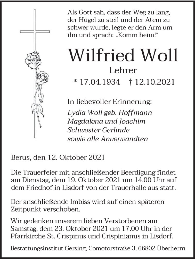  Traueranzeige für Wilfried Woll vom 16.10.2021 aus saarbruecker_zeitung