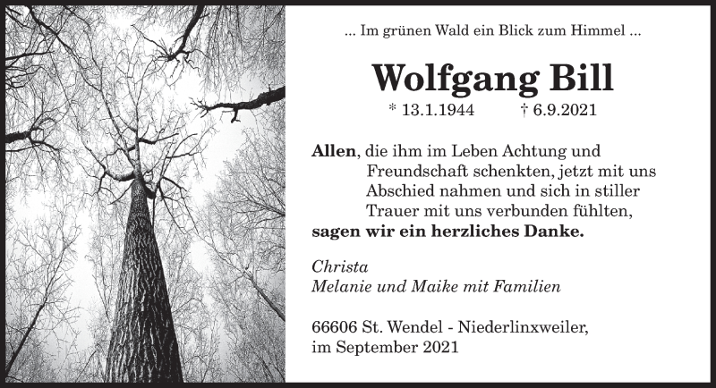  Traueranzeige für Wolfgang Bill vom 30.09.2021 aus saarbruecker_zeitung