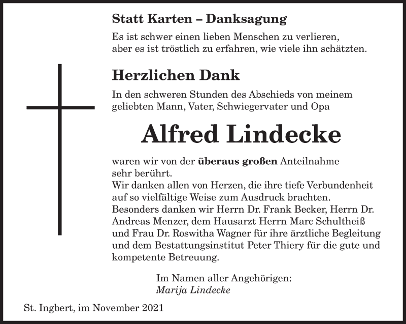  Traueranzeige für Alfred Lindecke vom 06.11.2021 aus saarbruecker_zeitung