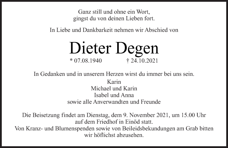  Traueranzeige für Dieter Degen vom 06.11.2021 aus saarbruecker_zeitung