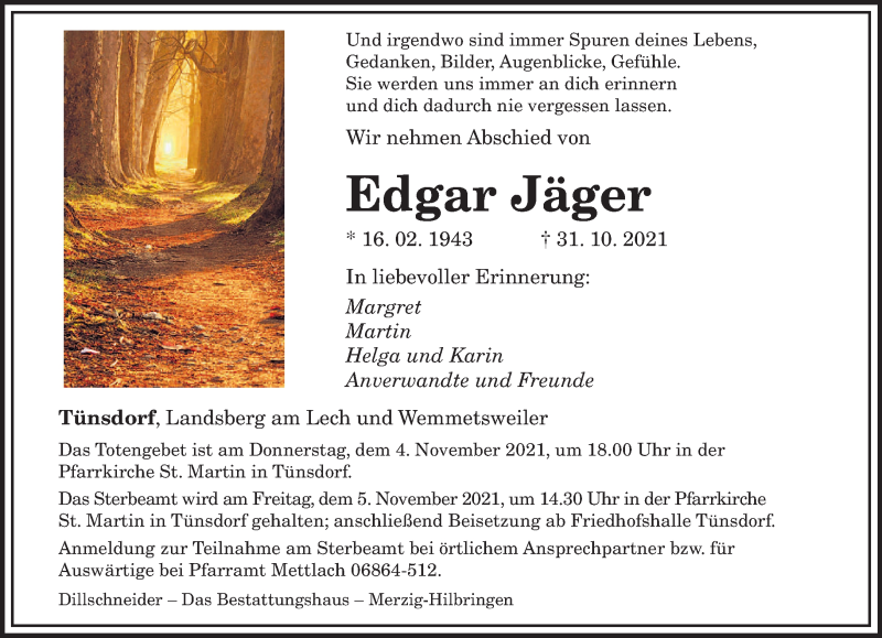  Traueranzeige für Edgar Jäger vom 03.11.2021 aus saarbruecker_zeitung