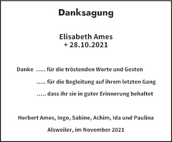 Traueranzeige von Elisabeth Ames von saarbruecker_zeitung