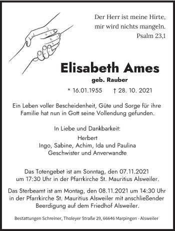 Traueranzeige von Elisabeth Ames von saarbruecker_zeitung