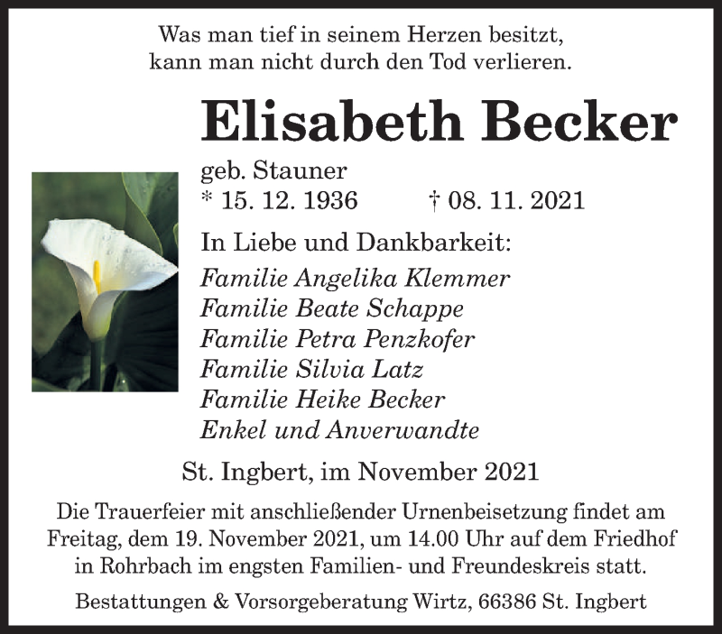  Traueranzeige für Elisabeth Becker vom 13.11.2021 aus saarbruecker_zeitung