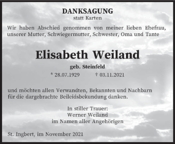 Traueranzeige von Elisabeth Weiland von saarbruecker_zeitung