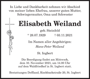 Traueranzeige von Elisabeth Weiland von saarbruecker_zeitung