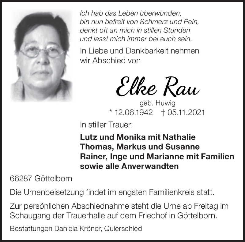  Traueranzeige für Elke Rau vom 17.11.2021 aus saarbruecker_zeitung