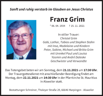 Traueranzeige von Franz Grim von saarbruecker_zeitung