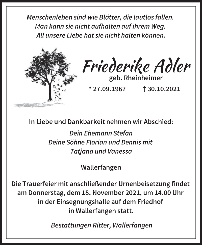  Traueranzeige für Friederike Adler vom 11.11.2021 aus saarbruecker_zeitung