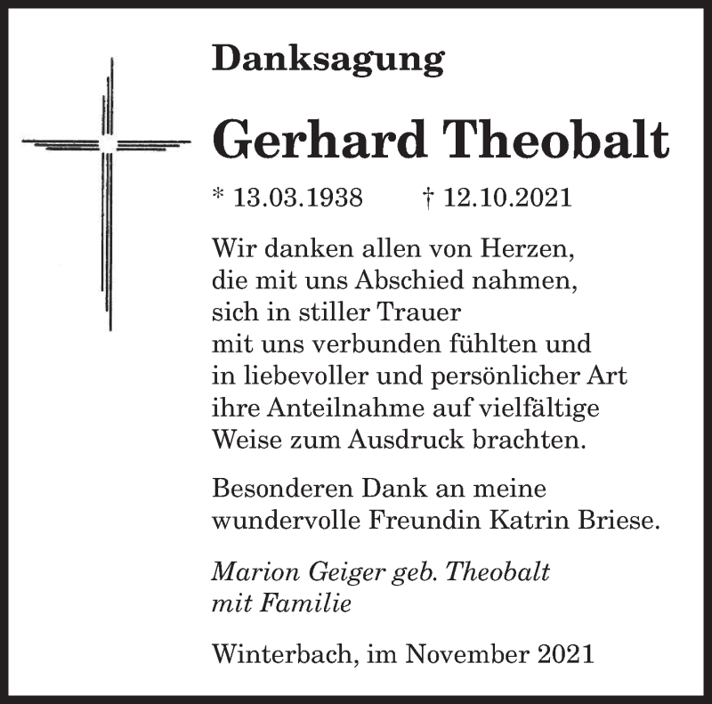  Traueranzeige für Gerhard Theobalt vom 02.11.2021 aus saarbruecker_zeitung