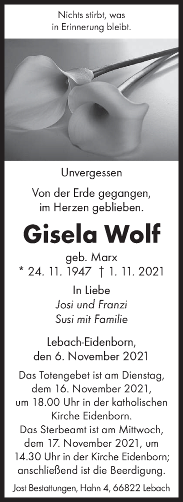  Traueranzeige für Gisela Wolf vom 06.11.2021 aus saarbruecker_zeitung