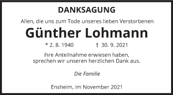 Traueranzeige von Günther Lohmann von saarbruecker_zeitung