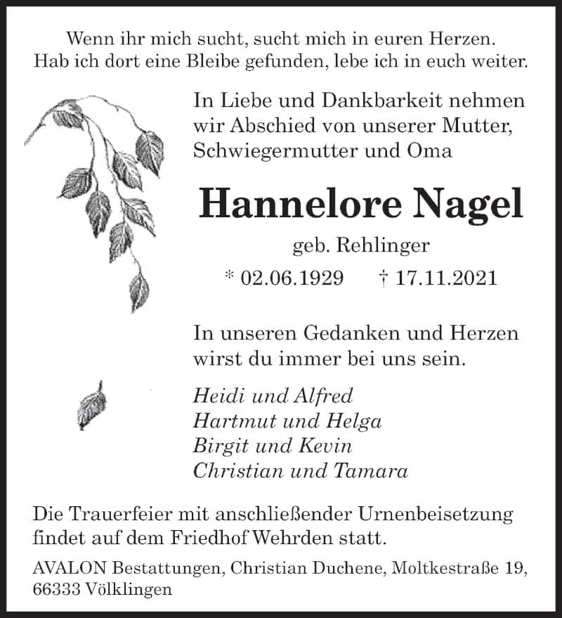  Traueranzeige für Hannelore Nagel vom 27.11.2021 aus saarbruecker_zeitung