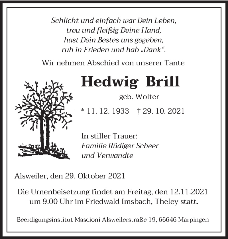  Traueranzeige für Hedwig Brill vom 06.11.2021 aus saarbruecker_zeitung