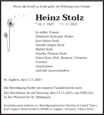 Traueranzeige von Heinz Stolz von saarbruecker_zeitung