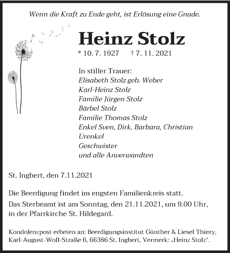  Traueranzeige für Heinz Stolz vom 12.11.2021 aus saarbruecker_zeitung