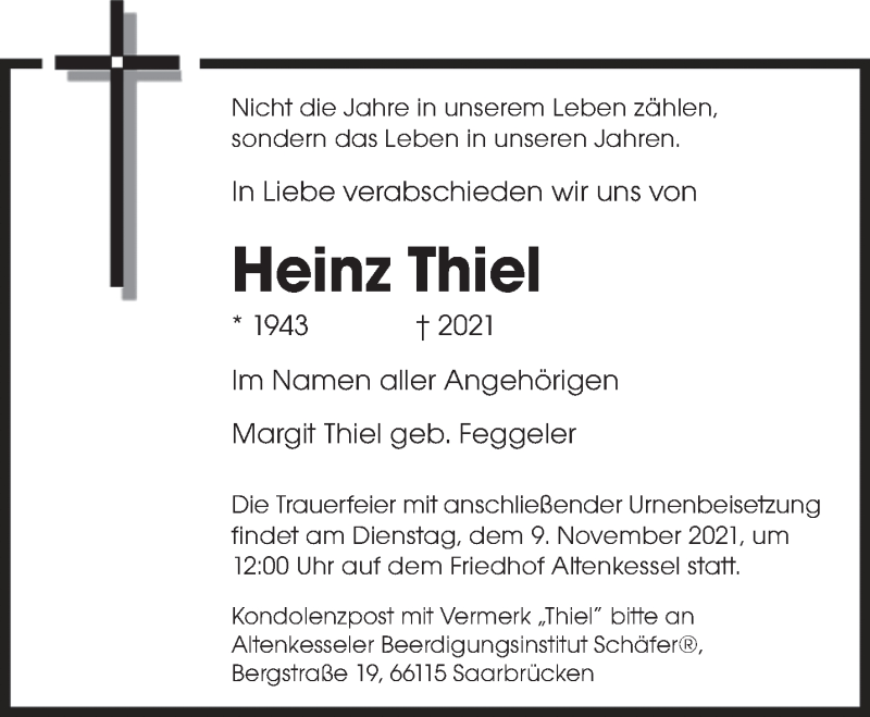  Traueranzeige für Heinz Thiel vom 06.11.2021 aus saarbruecker_zeitung