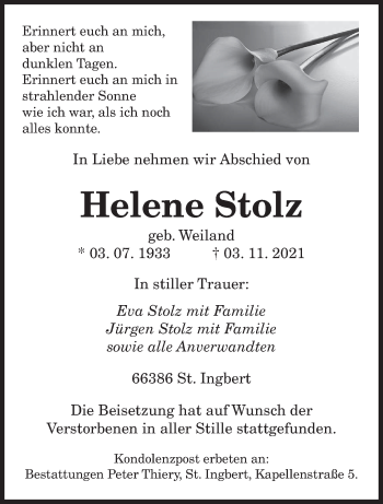 Traueranzeige von Helene Stolz von saarbruecker_zeitung