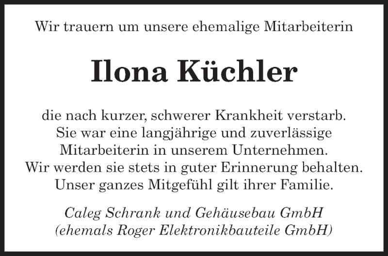  Traueranzeige für Ilona Küchler vom 27.11.2021 aus saarbruecker_zeitung