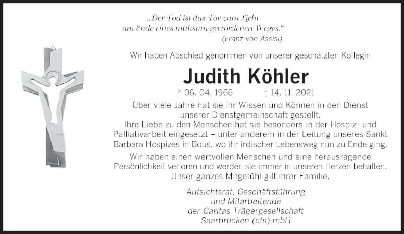  Traueranzeige für Judith Köhler vom 27.11.2021 aus saarbruecker_zeitung