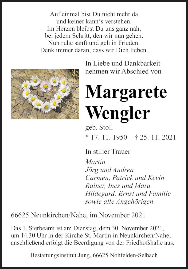  Traueranzeige für Margarete Wengler vom 27.11.2021 aus saarbruecker_zeitung