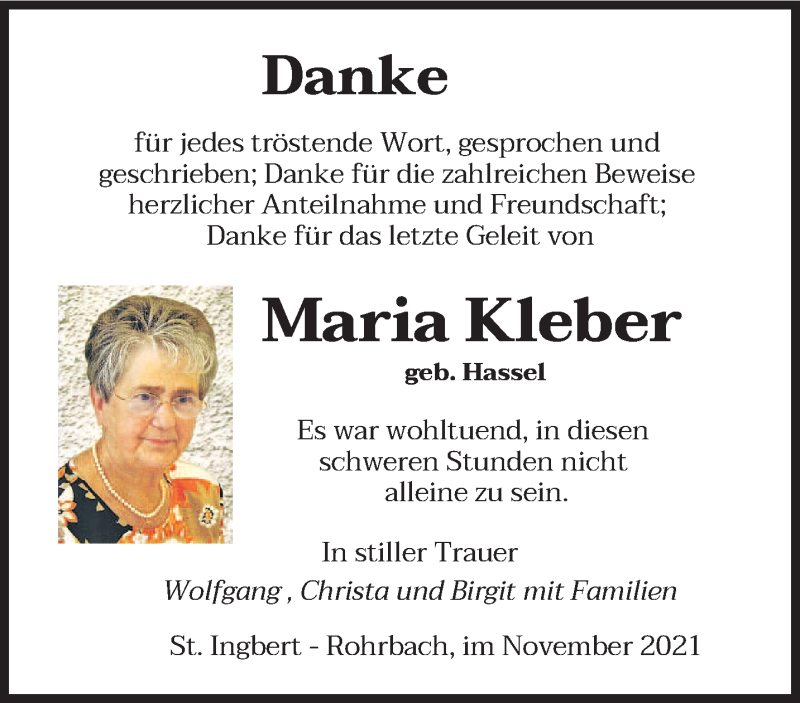  Traueranzeige für Maria Kleber vom 06.11.2021 aus saarbruecker_zeitung