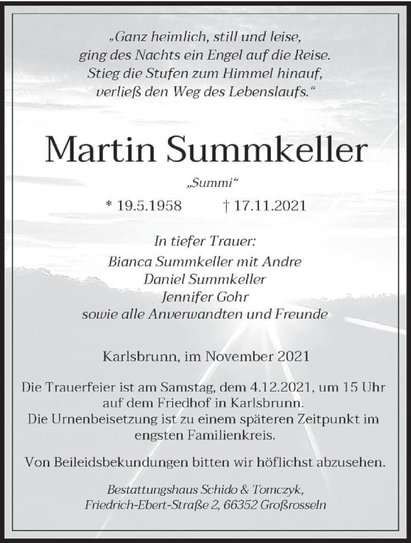  Traueranzeige für Martin Summkeller vom 27.11.2021 aus saarbruecker_zeitung