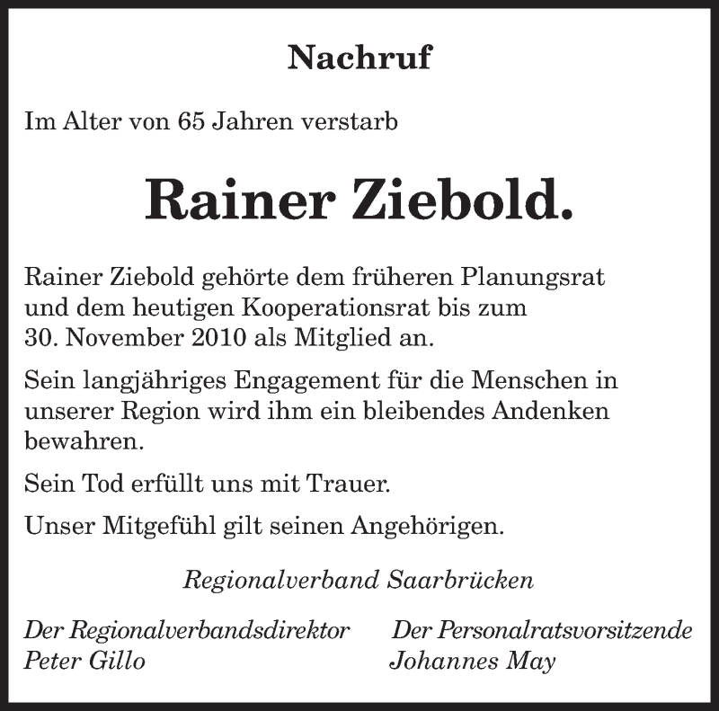  Traueranzeige für Rainer Ziebold vom 06.11.2021 aus saarbruecker_zeitung