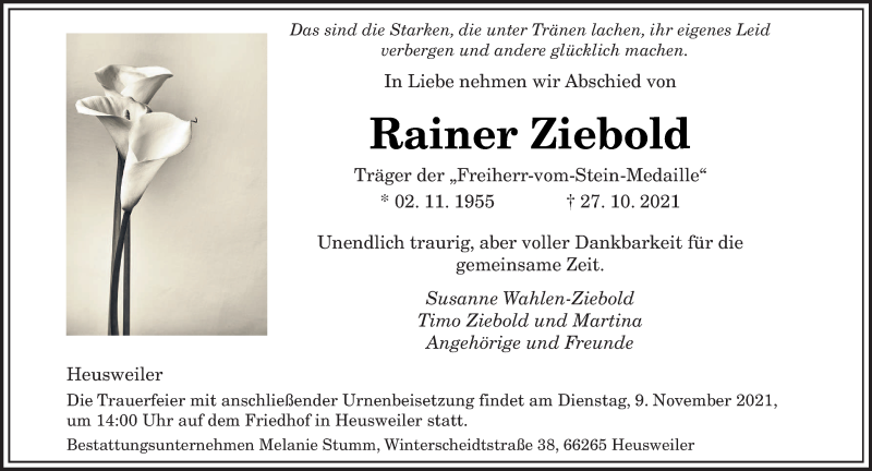  Traueranzeige für Rainer Ziebold vom 06.11.2021 aus saarbruecker_zeitung