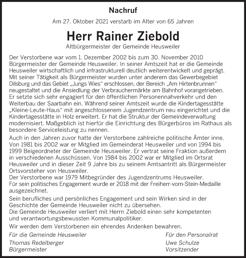  Traueranzeige für Rainer Ziebold vom 02.11.2021 aus saarbruecker_zeitung