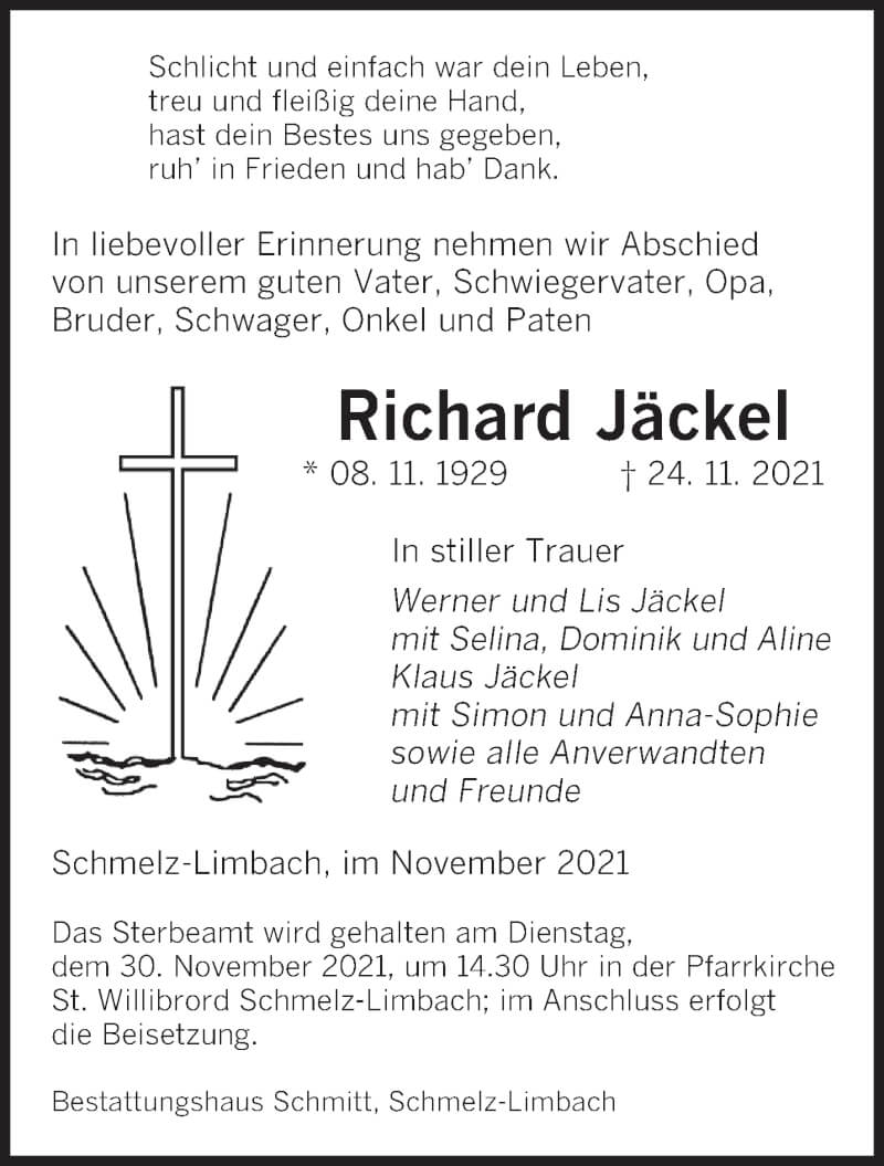  Traueranzeige für Richard Jäckel vom 27.11.2021 aus saarbruecker_zeitung