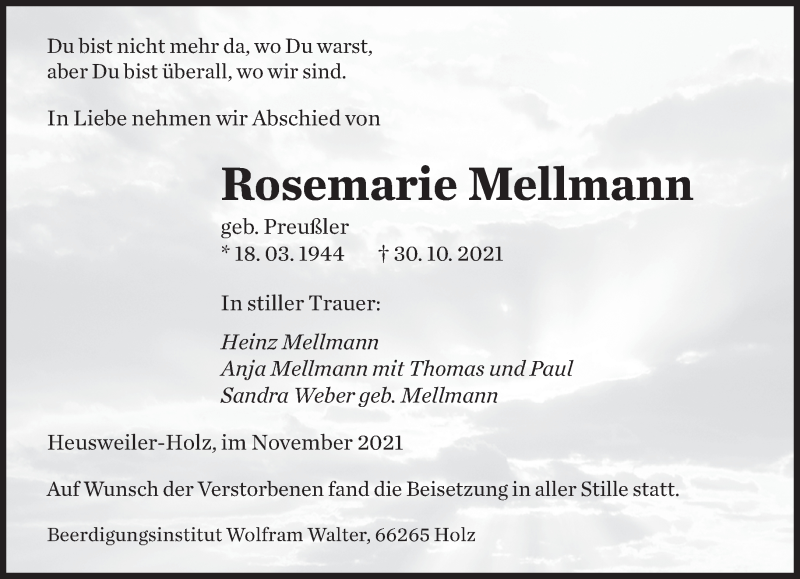  Traueranzeige für Rosemarie Mellmann vom 13.11.2021 aus saarbruecker_zeitung