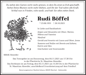 Traueranzeige von Rudi Böffel von saarbruecker_zeitung