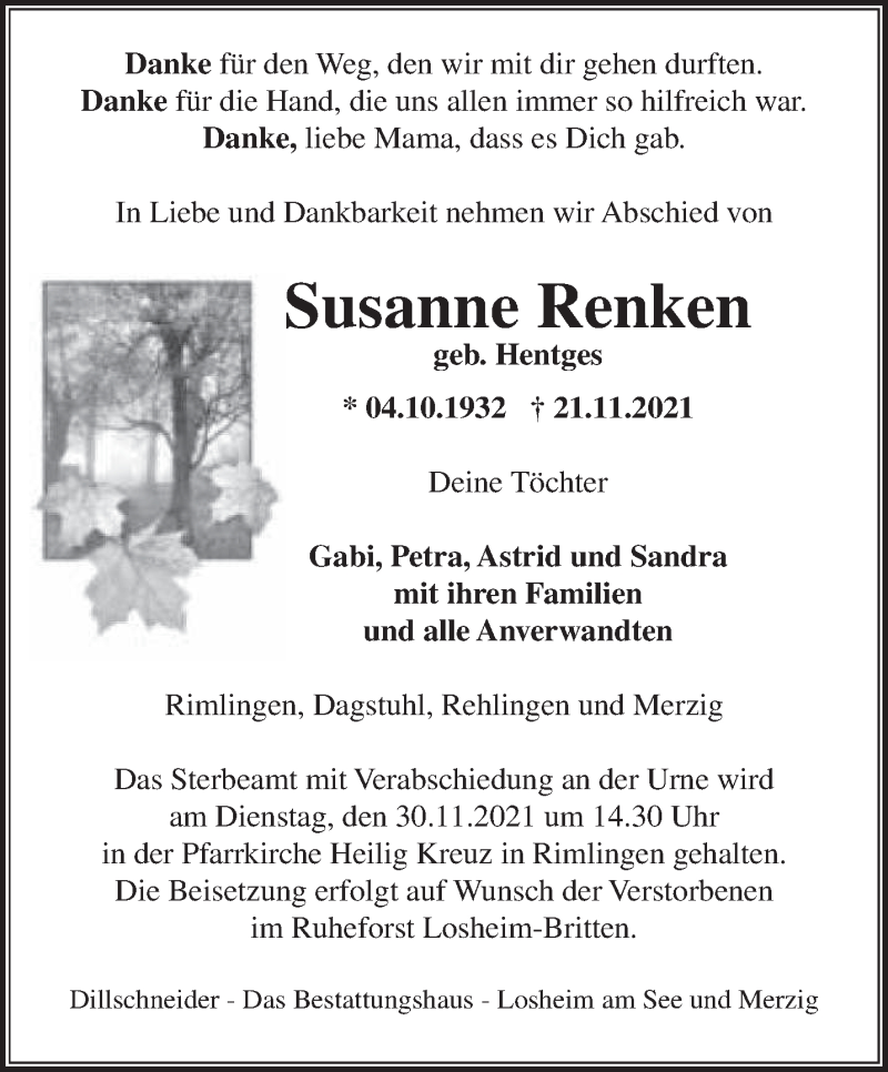  Traueranzeige für Susanne Renken vom 24.11.2021 aus saarbruecker_zeitung