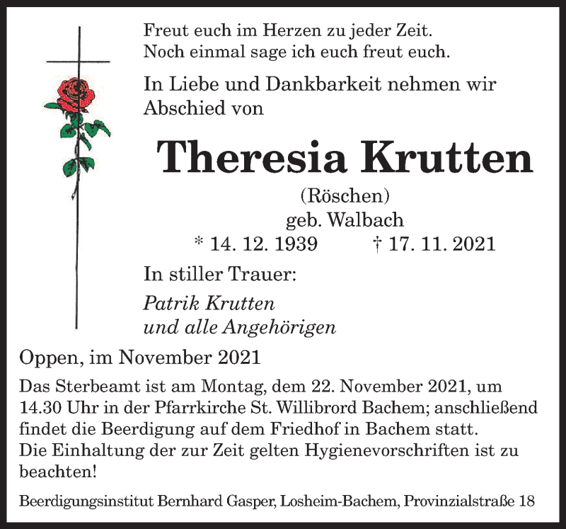  Traueranzeige für Theresia Krutten vom 20.11.2021 aus saarbruecker_zeitung