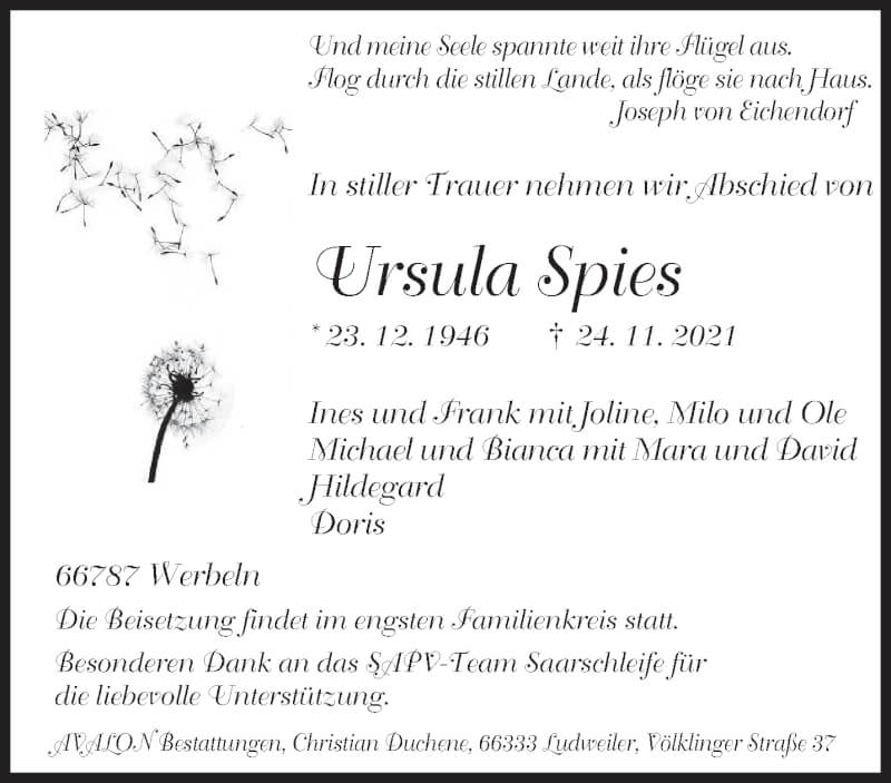  Traueranzeige für Ursula Spies vom 27.11.2021 aus saarbruecker_zeitung