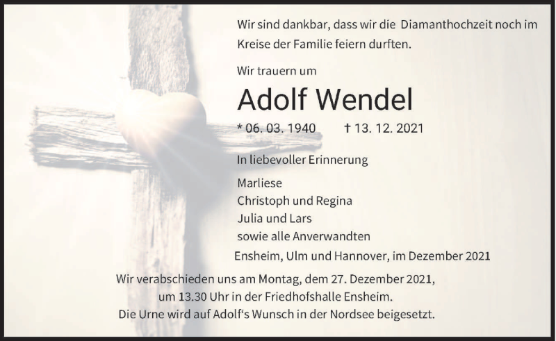  Traueranzeige für Adolf Wendel vom 22.12.2021 aus saarbruecker_zeitung