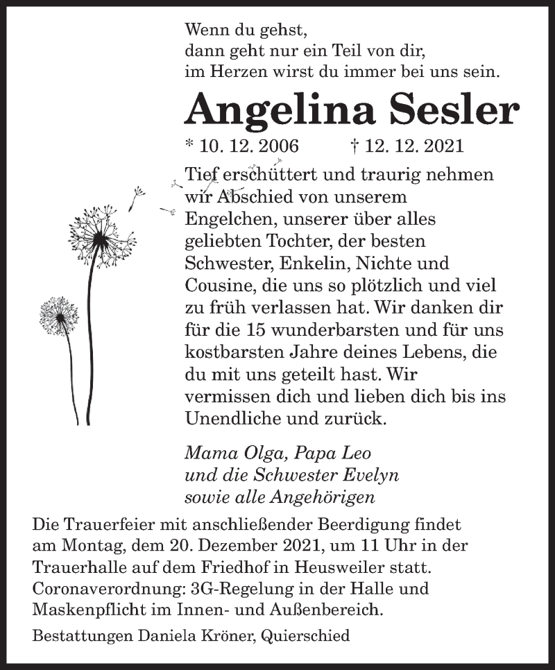  Traueranzeige für Angelina Sesler vom 17.12.2021 aus saarbruecker_zeitung
