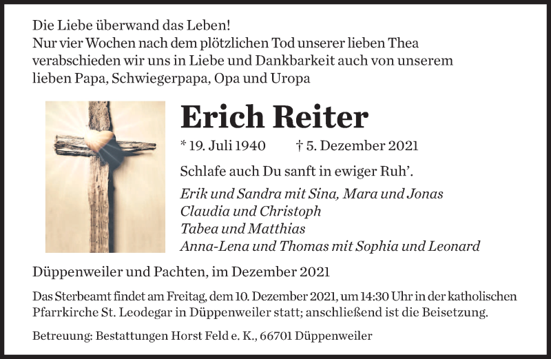  Traueranzeige für Erich Reiter vom 08.12.2021 aus saarbruecker_zeitung