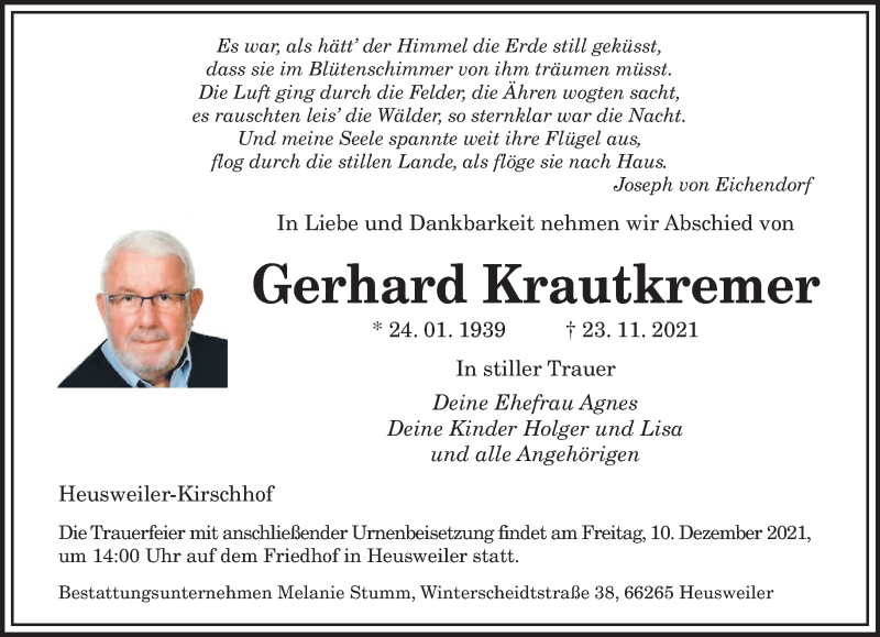  Traueranzeige für Gerhard Krautkremer vom 04.12.2021 aus saarbruecker_zeitung