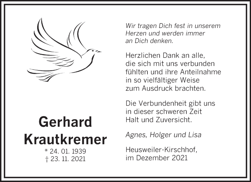  Traueranzeige für Gerhard Krautkremer vom 24.12.2021 aus saarbruecker_zeitung