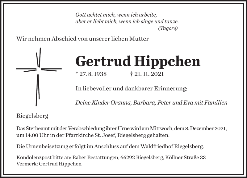  Traueranzeige für Gertrud Hippchen vom 04.12.2021 aus saarbruecker_zeitung