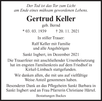 Traueranzeige von Gertrud Keller von saarbruecker_zeitung