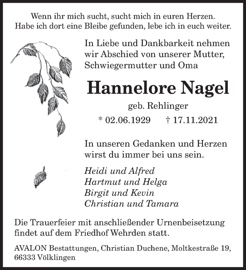  Traueranzeige für Hannelore Nagel vom 04.12.2021 aus saarbruecker_zeitung