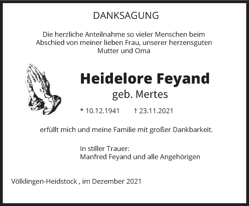  Traueranzeige für Heidelore Feyand vom 18.12.2021 aus saarbruecker_zeitung