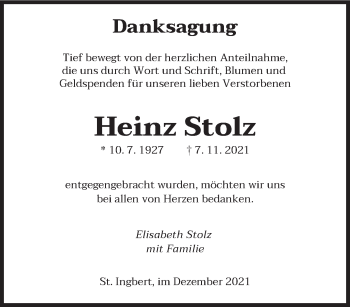 Traueranzeige von Heinz Stolz von saarbruecker_zeitung