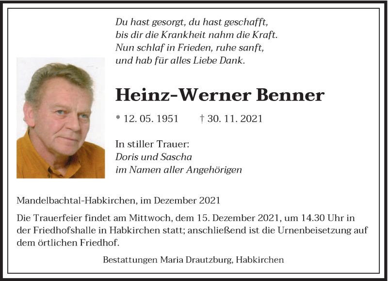  Traueranzeige für Heinz-Werner Benner vom 11.12.2021 aus saarbruecker_zeitung