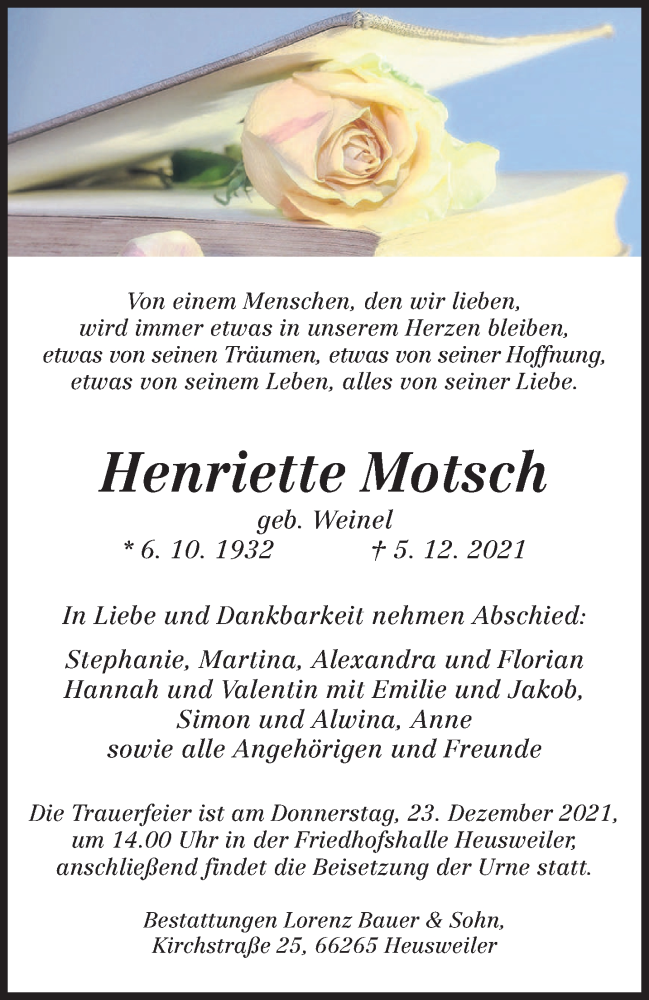  Traueranzeige für Henriette Motsch vom 11.12.2021 aus saarbruecker_zeitung